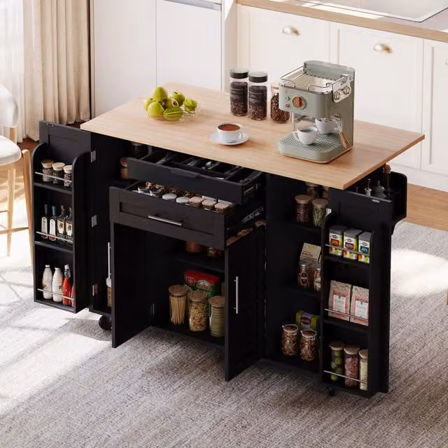 Isola cucina mobile WISHDOR moderna in MDF nero e naturale con piano allungabile e ruote, L: 136 cm, P: 92 cm, H: 70 cm