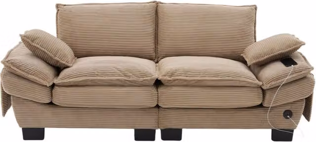 Divano 2 posti 190x73x84 cm in velluto a coste; con porta USB-C e tasche laterali; kaki