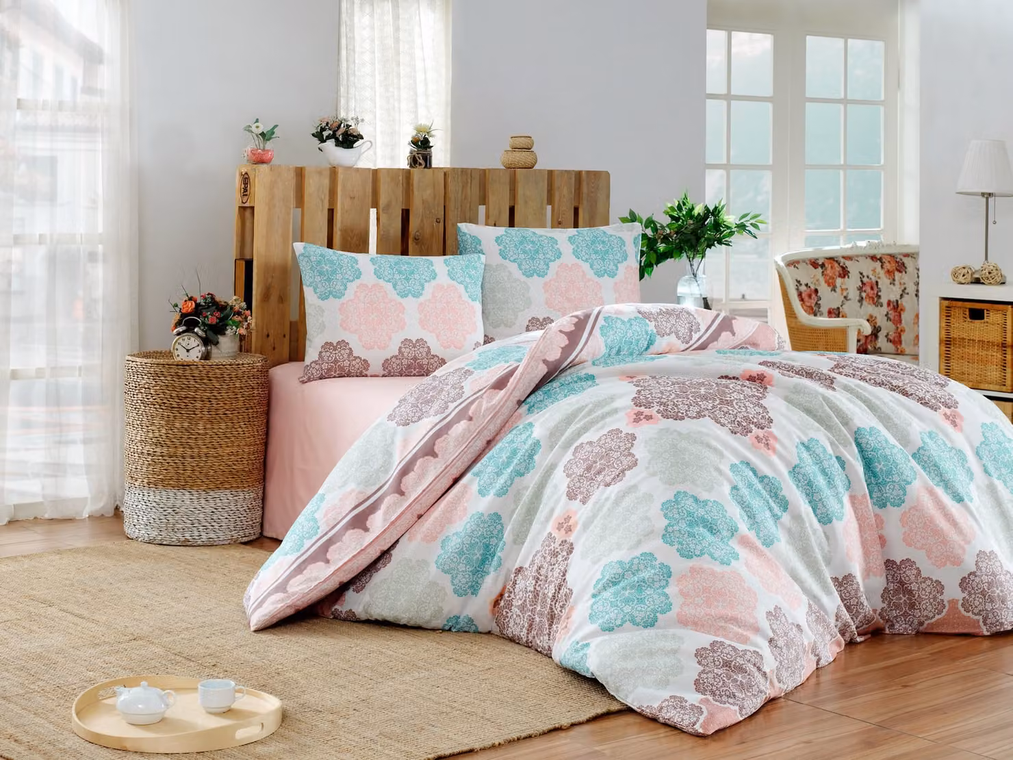 L'Essentiel Linge de Maison, Begonvilla- EPJ6143, turchese, piumini, 70% cotone / 30% poliestere