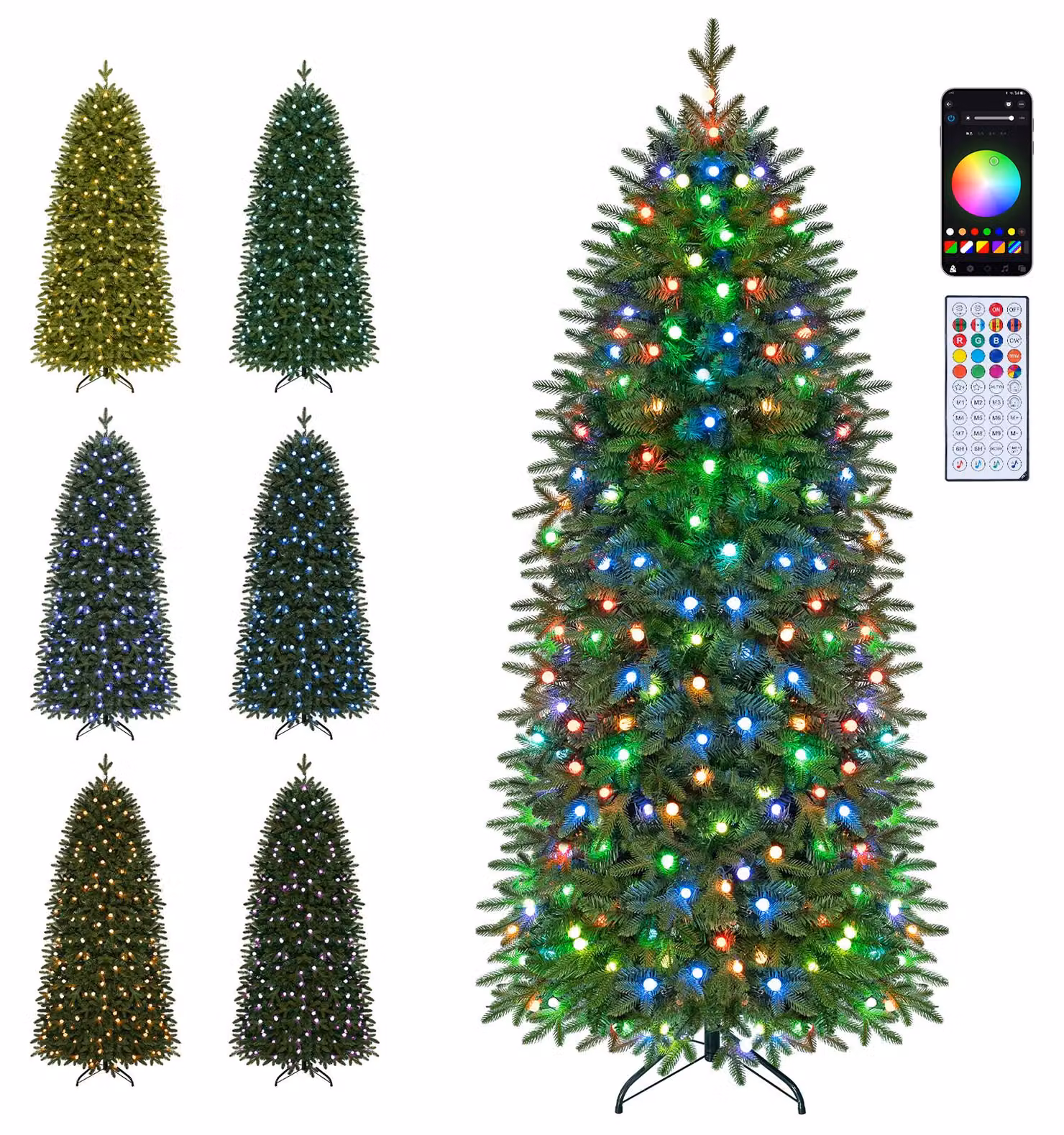 Albero di Natale artificiale COSTWAY, altezza 190 cm, forma slanciata, con 719 punte in PE e PVC, albero di Natale con 220 LED, 42 effetti luminosi e base in metallo, albero di Natale verde