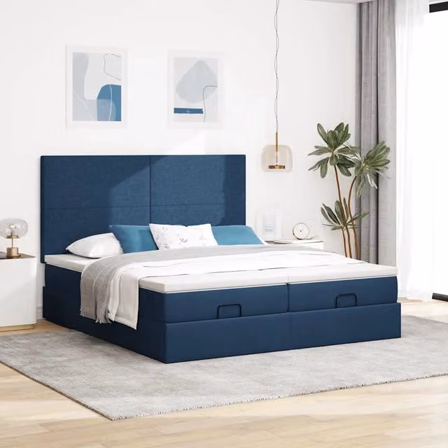 Letto con contenitore a sollevamento vidaXL in tessuto blu e bianco L: 180 cm, P: 200 cm, H: 128 cm – 1