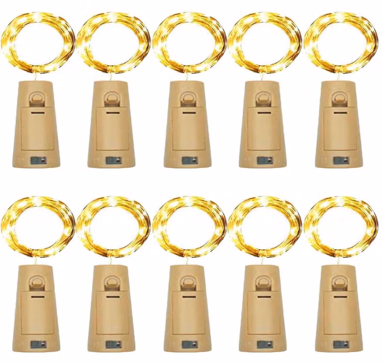 Illuminazione per bottiglie di vino, 20 LED, confezione da 10 pezzi, luce bianco caldo, alimentazione a batteria