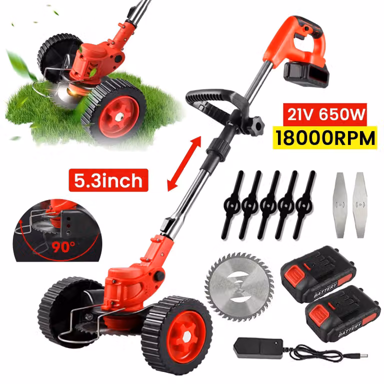 Tagliaerba elettrico - Trimmer per erba senza fili - Attrezzo manuale - Pieghevole - Compatibile con batterie da 18V - Include 2 batterie