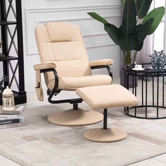 Poltrona Relax con Funzione Lettino e Massaggio, Rivestimento in Pelle Sintetica Crema, 77x84x95 cm con Poggiapiedi