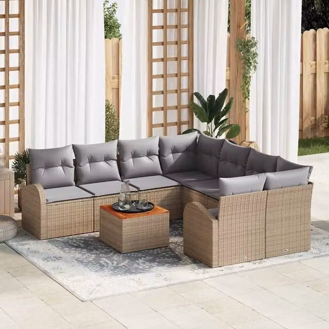 Set Divano da Giardino vidaXL 9 pz in Polyrattan con Cuscini Beige e Grigio – 1