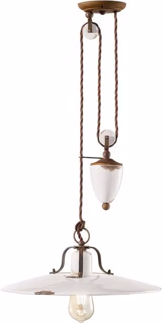 Lampadario Vintage Country Saliscendi Ferro E Ceramica Bianco 1 Luce E27