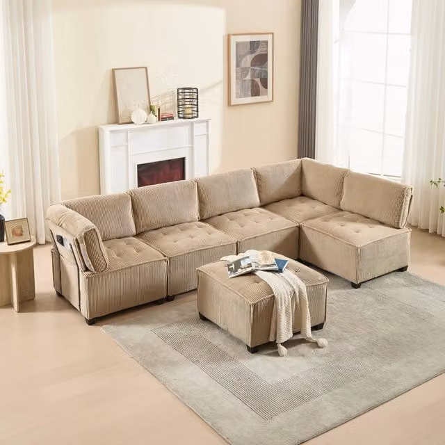 Divano modulare WISHDOR da 6 posti in velluto a coste beige e verde, configurabile a U con funzione letto e struttura moderna