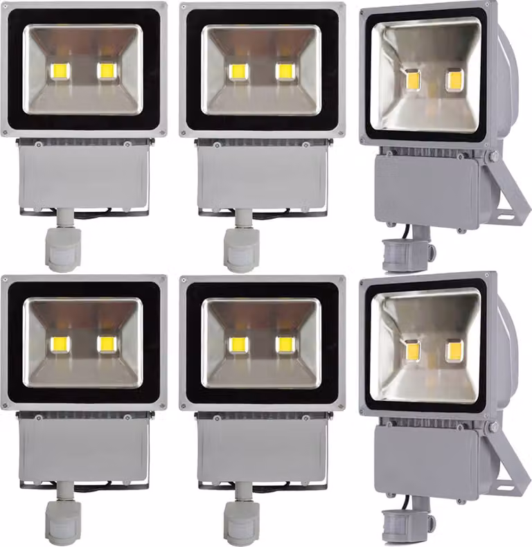 6 pezzi di faretti LED da 100 W con sensore di movimento PIR, Greenmigo bianco freddo impermeabile IP65 illuminazione di sicurezza super luminosa per giardino, cortile, magazzino, piazza, cartellone pubblicitario