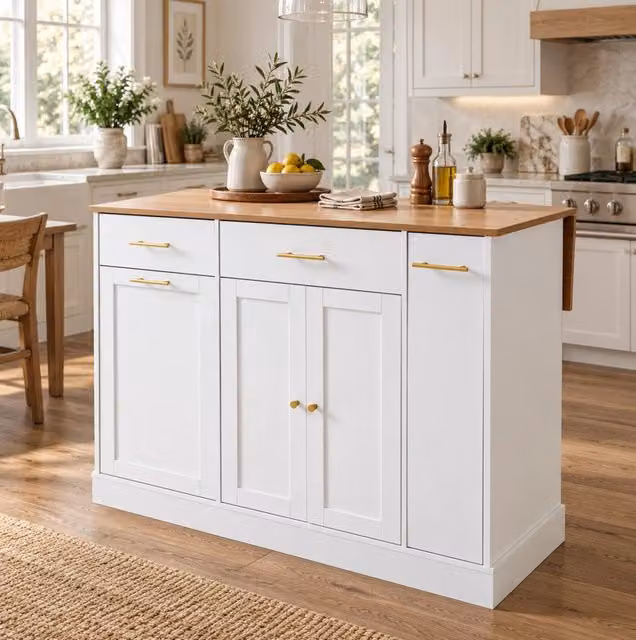Isola da cucina con piano di lavoro ribaltabile 120 cm; bianca e effetto legno naturale
