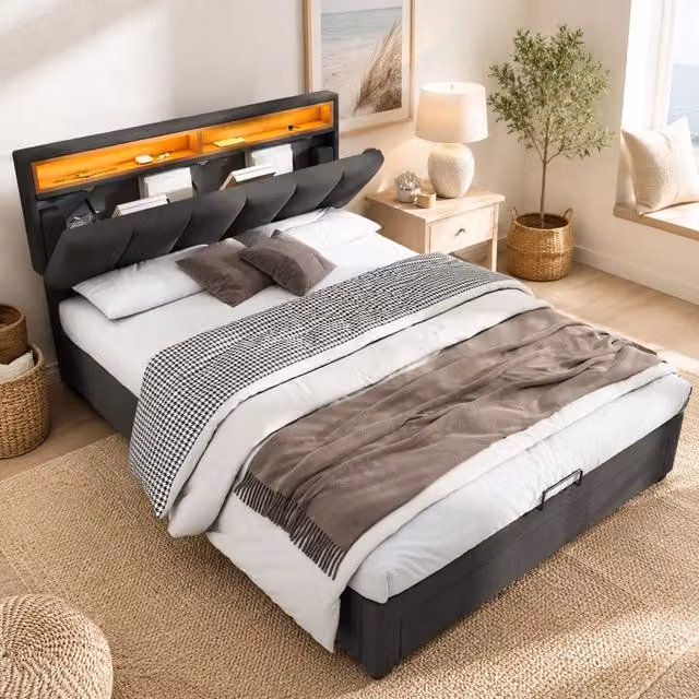 Letto per ragazzi 140 × 200 cm con rete a doghe in legno lino grigio testiera LED e vano contenitore