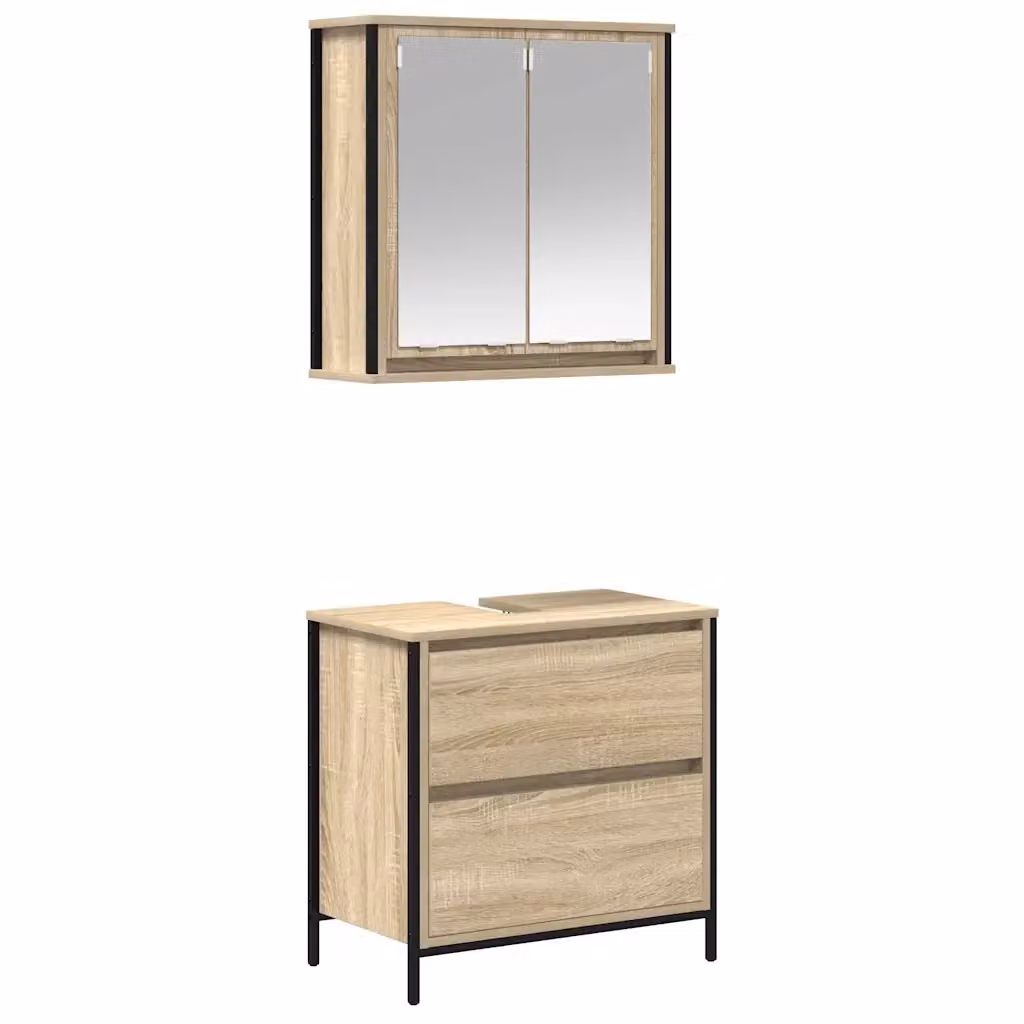 Set Mobili da Bagno Moderno vidaXL in Legno e Metallo Marrone con Illuminazione LED, Composto da Mobile Lavabo e Pensile a Parete – 2