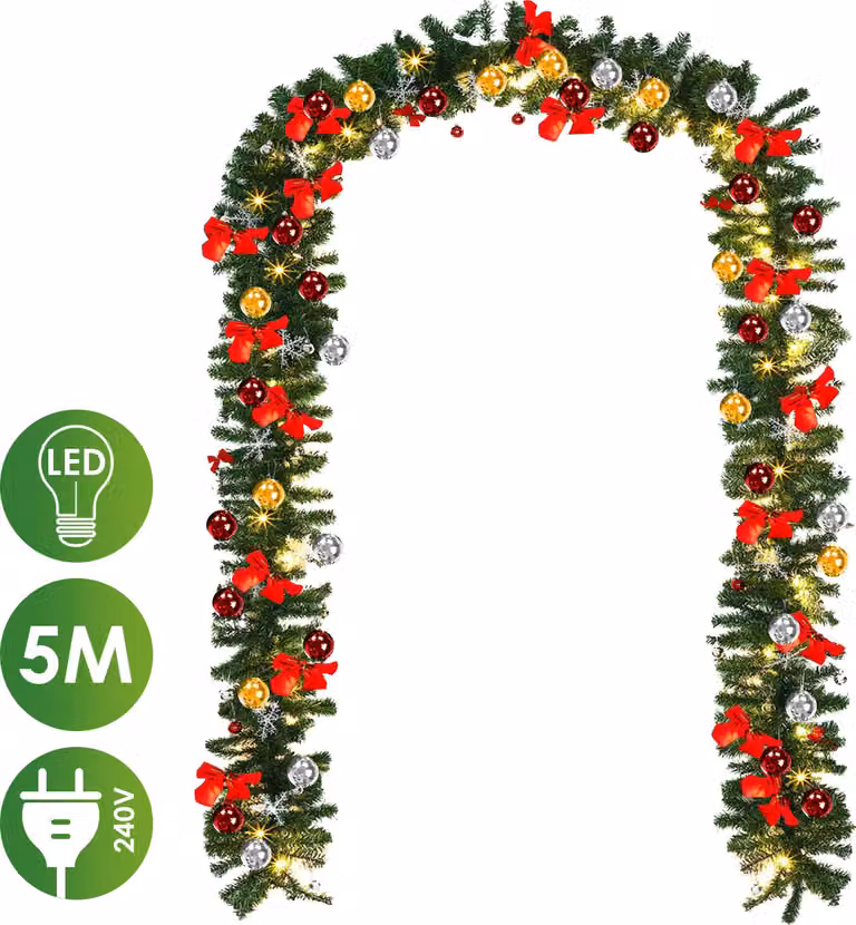 Ghirlanda natalizia artificiale Ikodm, 5 metri, con 100 LED bianco caldo, inclusa decorazione natalizia, ideale per porte, finestre, scale, caminetti e ringhiere