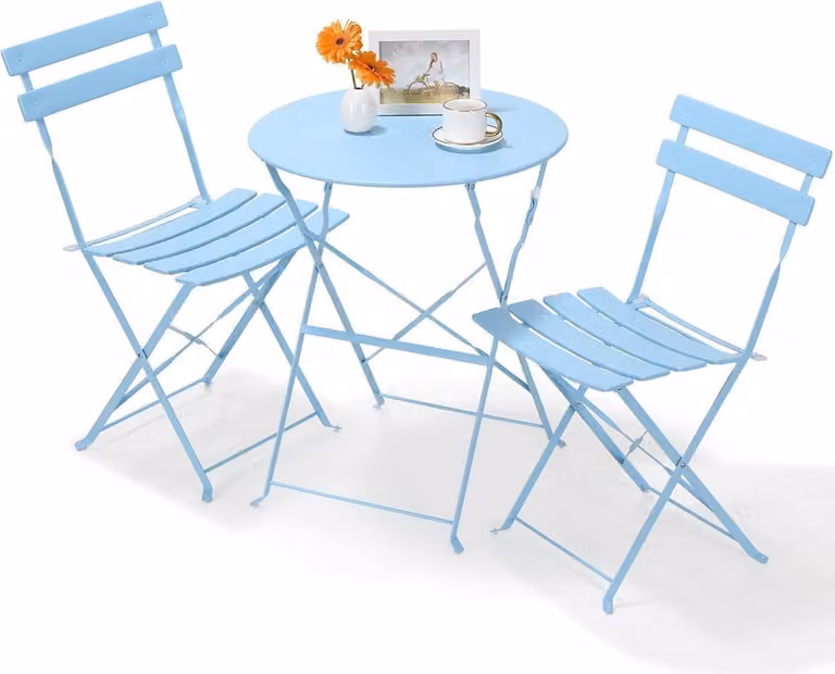 Set di mobili da balcone pieghevoli 3 pezzi blu, set di sedute per esterni, resistente alle intemperie
