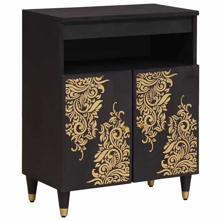 Credenza vidaXL in legno di mango massello e metallo, Nero e Oro, L: 60 cm, P: 33 cm, H: 75 cm
