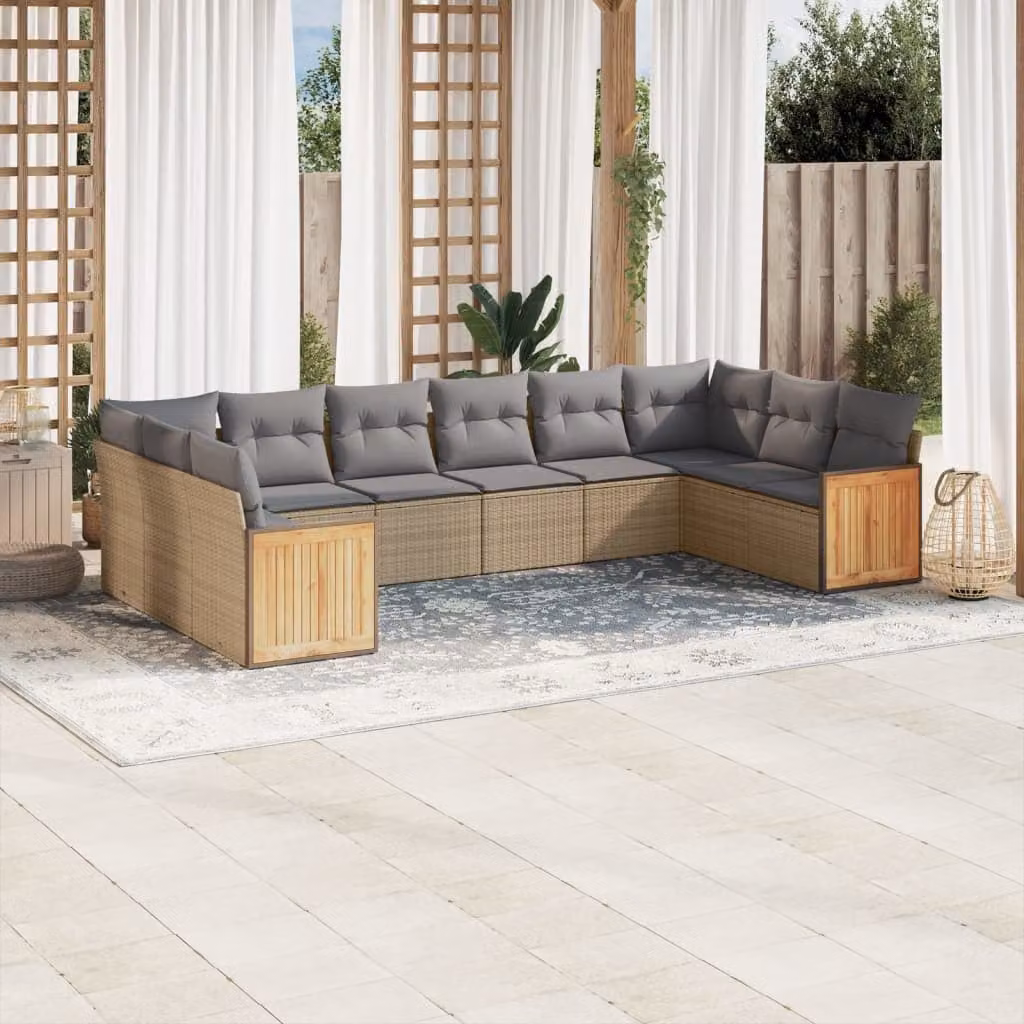 vidaXL Set Divano da Giardino 10 pz a L con Cuscini Beige e Grigio in Polyrattan e Acciaio