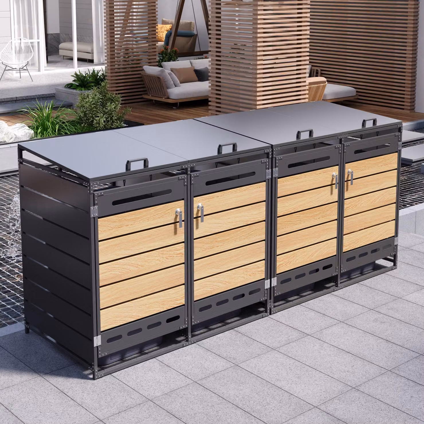 Contenitore per bidoni della spazzatura con 4 scomparti, coperchio idraulico, sistema di ventilazione a fessure longitudinali, struttura in ferro con rivestimento antiruggine, aspetto effetto legno, colore nero