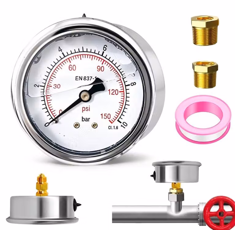 Manometro 0-10 bar/psi, diametro 63 mm, corpo in ottone, riempito con glicerina, attacco G1/4" BSP