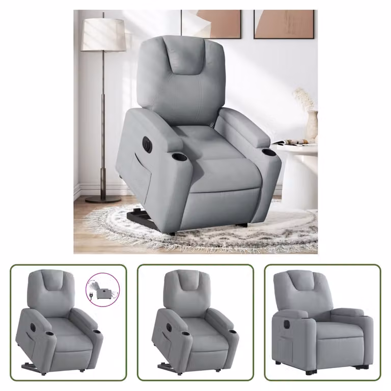 The Living Store Poltrona relax con supporto elettrico in tessuto grigio chiaro