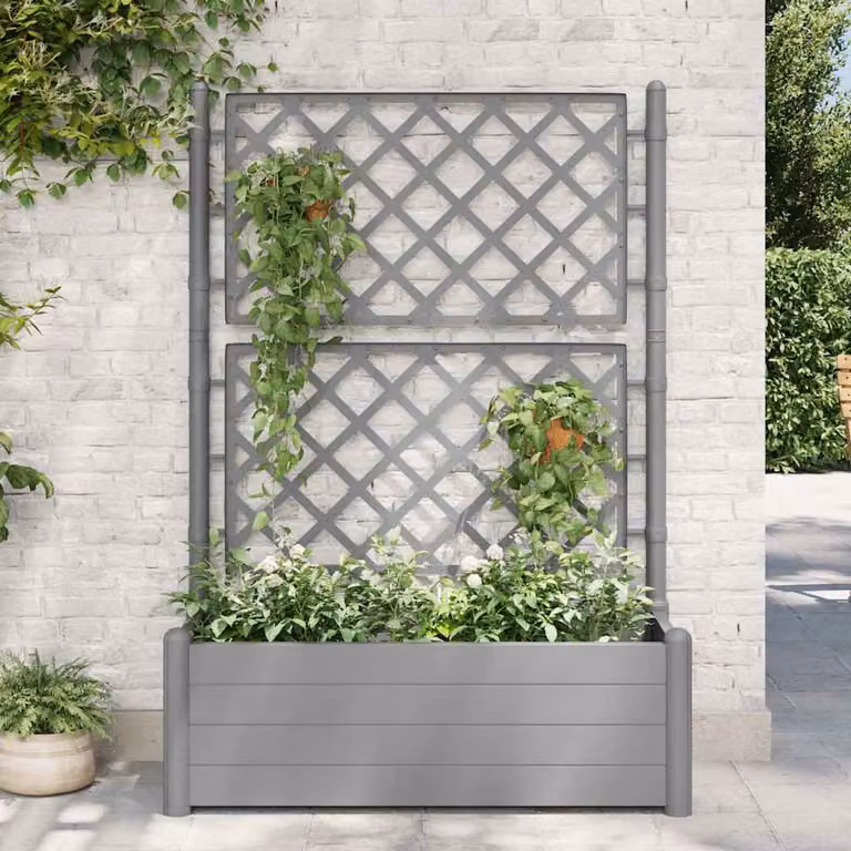 vidaXL Fioriera da Giardino con Graticcio per Piante Rampicanti in Plastica, Grigio, L 100 cm x P 43 cm x H 142 cm