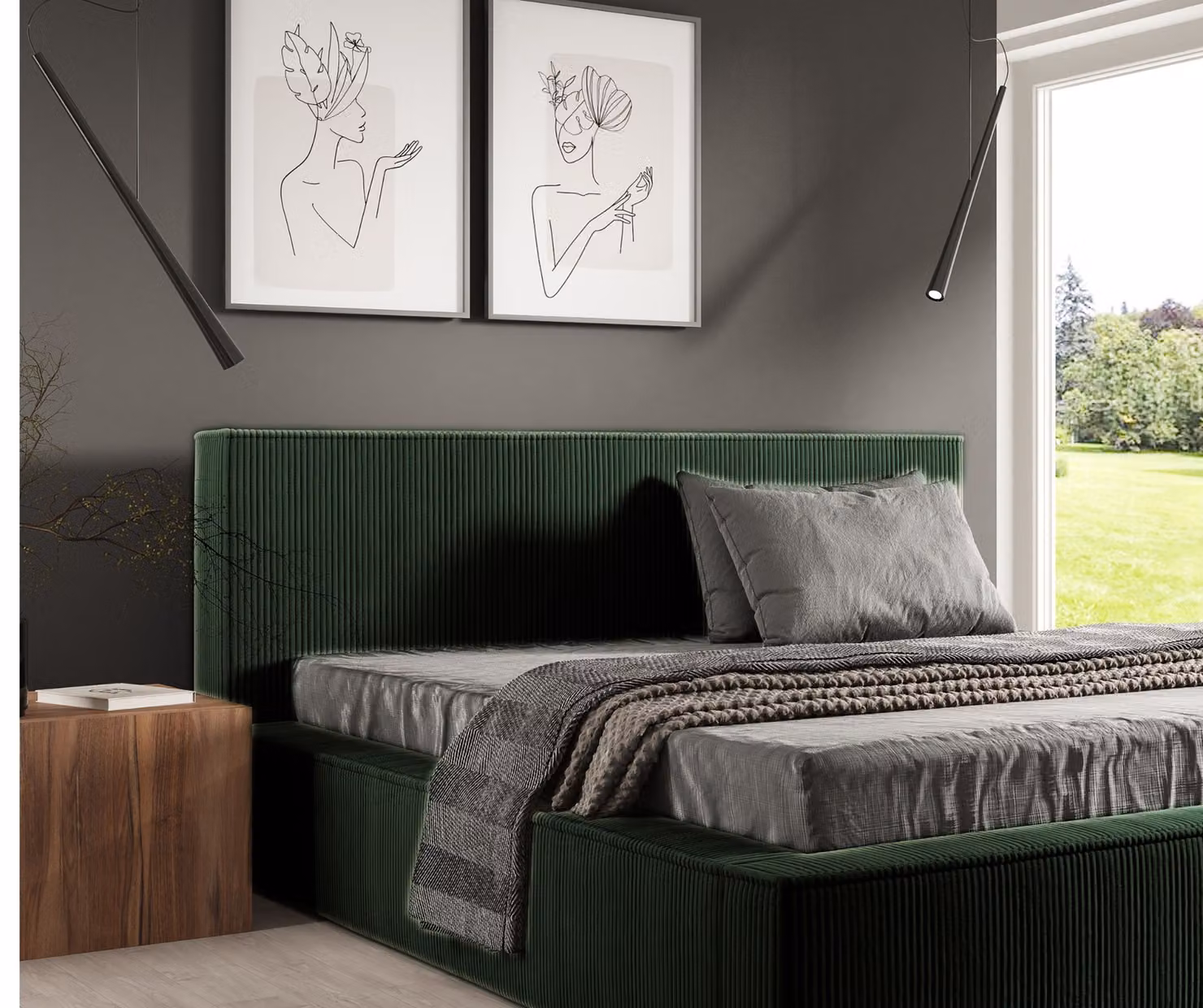 Letto imbottito Sofello Simple, forma moderna, FILO GREEN 120x200, realizzato in tessuto di velluto a coste con base a doghe in legno con funzione di sollevamento. Design moderno in colori di tendenza, con vano contenitore.