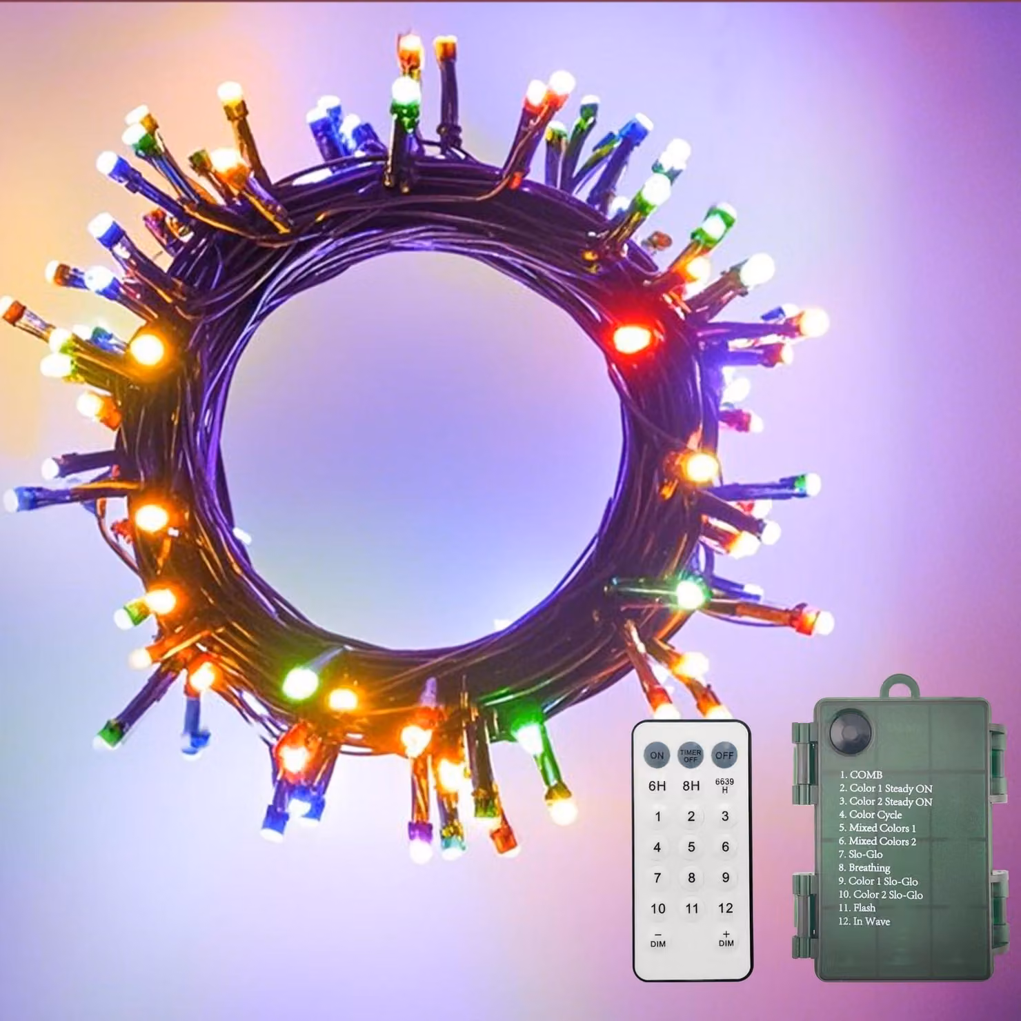 Catena luminosa a LED, 200 LED, alimentazione a batteria, telecomando, cambio colore, 10,5 metri
