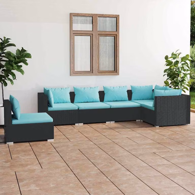 Set di divani da giardino vidaXL a forma di L composto da 6 pezzi con cuscini imbottiti in rattan e struttura in metallo nero