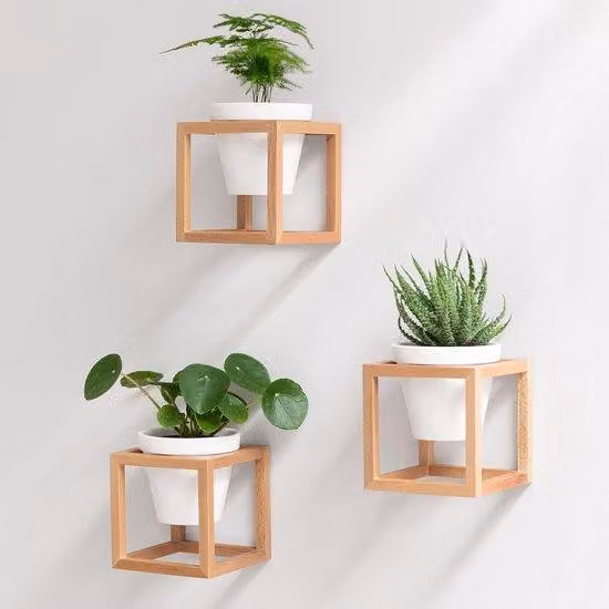 Composizione floreale in legno massello e Vetroceramica - Colore naturale - Composizione in due parti - Vasi da fiori sospesi