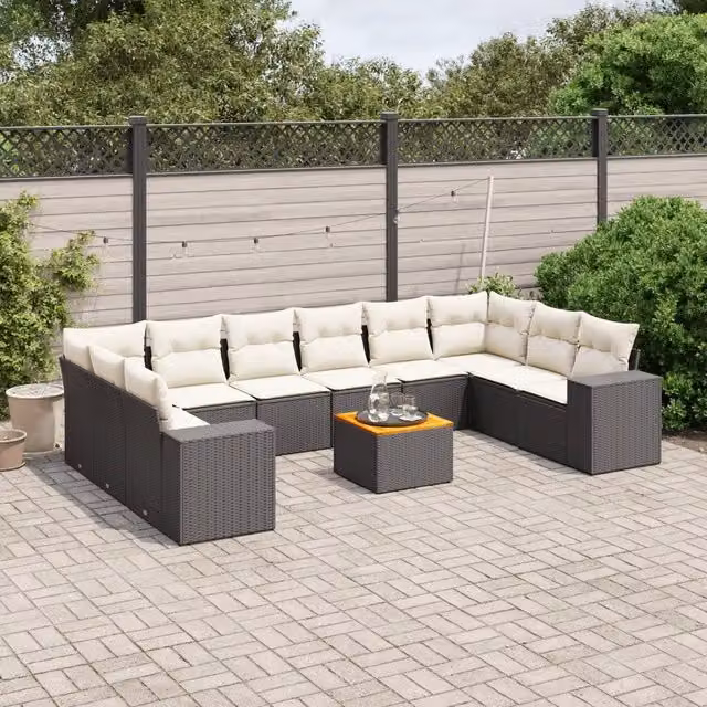 Set di Divani da Giardino a Forma di U vidaXL in Polyrattan Nero con Cuscini e Tavolino da Esterno – 1