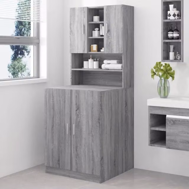 Mobile per lavatrice da parete vidaXL in legno grigio con ante a battente e ripiani interni L: 71,5 cm, P: 71,0 cm, H: 181,5 cm
