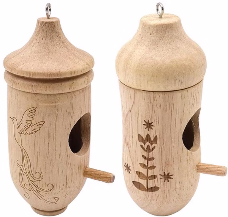 Set di 2 casette per colibrì - Casette per uccelli in legno - Decorazione da giardino - Adatte per l'esterno, da appendere - Realizzate con materiali naturali - Incluse delle cinghie per l'appensione - Casette per uccelli