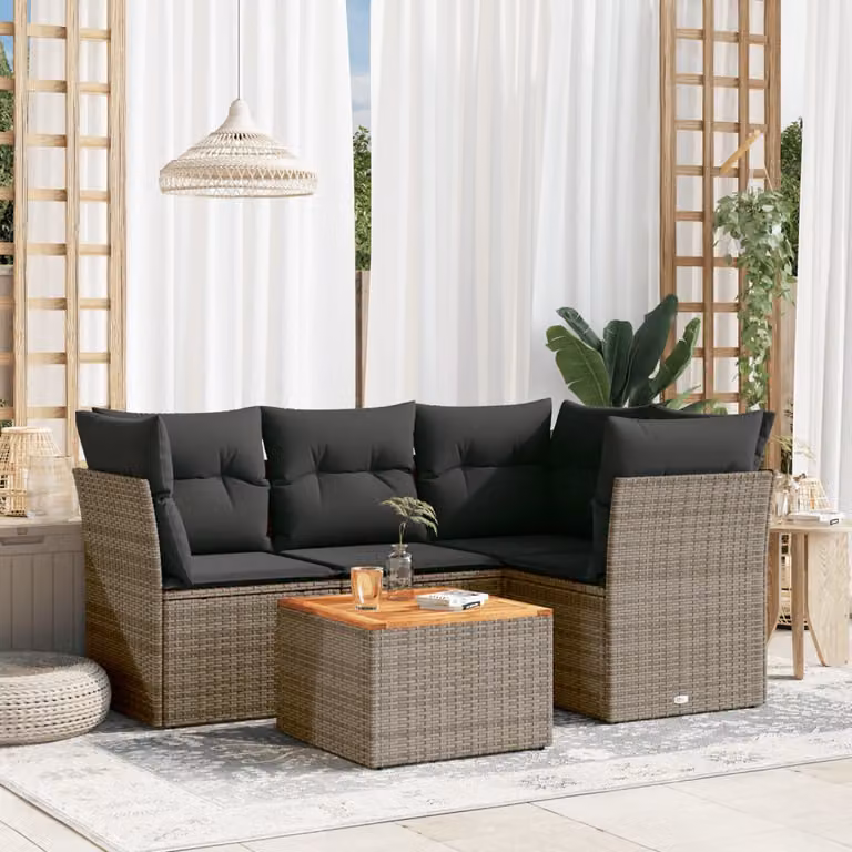 vidaXL Set Divano da Giardino 5 pz a L in Polyrattan Grigio con Cuscini e Tavolino