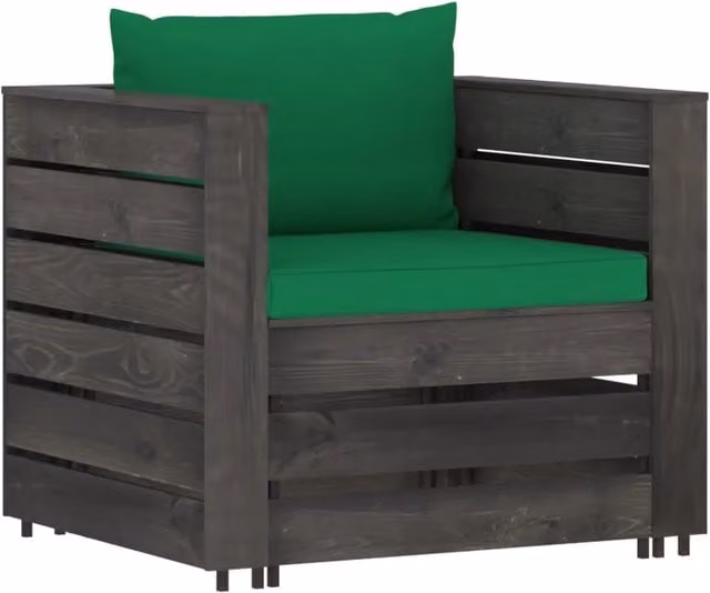Set Salotto da Giardino vidaXL in Legno di Pino Trattato con Tavolino e 2 Poltrone Imbottite e Cuscini, Grigio e Verde