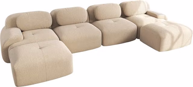 Divano modulare a U in tessuto di velluto a coste beige con imbottitura ad alta elasticità 32D, senza montaggio, design ergonomico con braccioli larghi