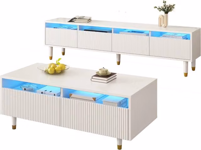 Set mobili moderno: mobile TV 4 ante e tavolino con 2 cassetti, bianco e oro, illuminazione LED, struttura ondulata e frontali in acrilico