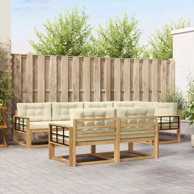 Set di divani da esterno a L vidaXL in legno di acacia con cuscini bianchi e beige – 1