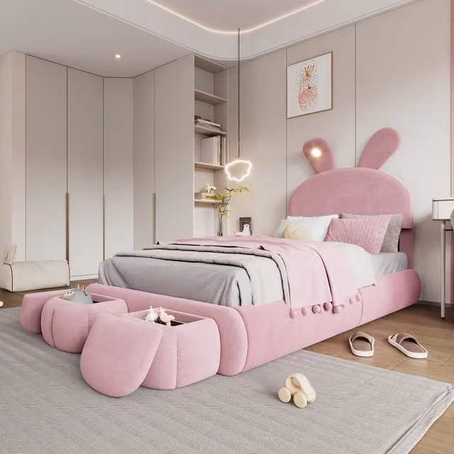Letto singolo Mivray in velluto rosa con illuminazione LED sottostante e due pouf contenitore, L/P/H: 90 x 200 x 104 cm