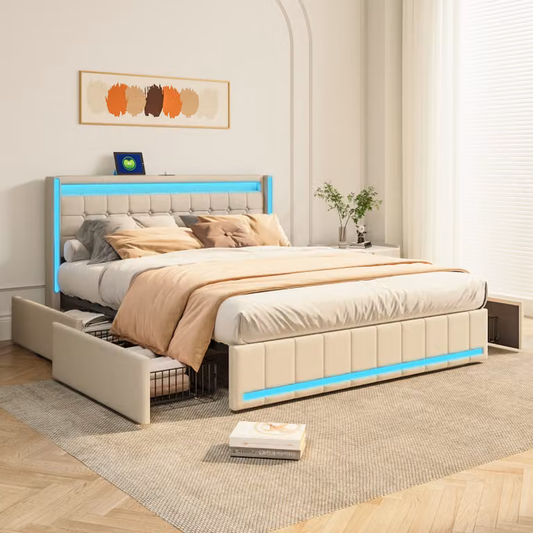 Letto (160 x 200 cm) con rete a doghe, illuminazione a LED e connessione USB, Letto (160 x 200 cm) con contenitore, rete a doghe e 4 cassetti, Beige