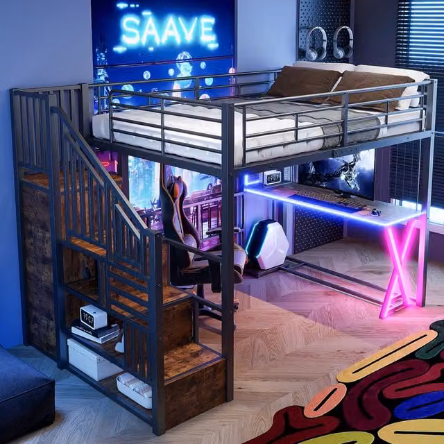 Letto a soppalco 140 × 200 cm con LED, scrivania, armadio e ripiani, senza materasso, metallo e MDF nero