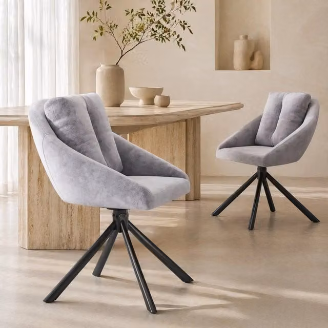 Sedia da pranzo girevole in velluto grigio con struttura in metallo, design ergonomico