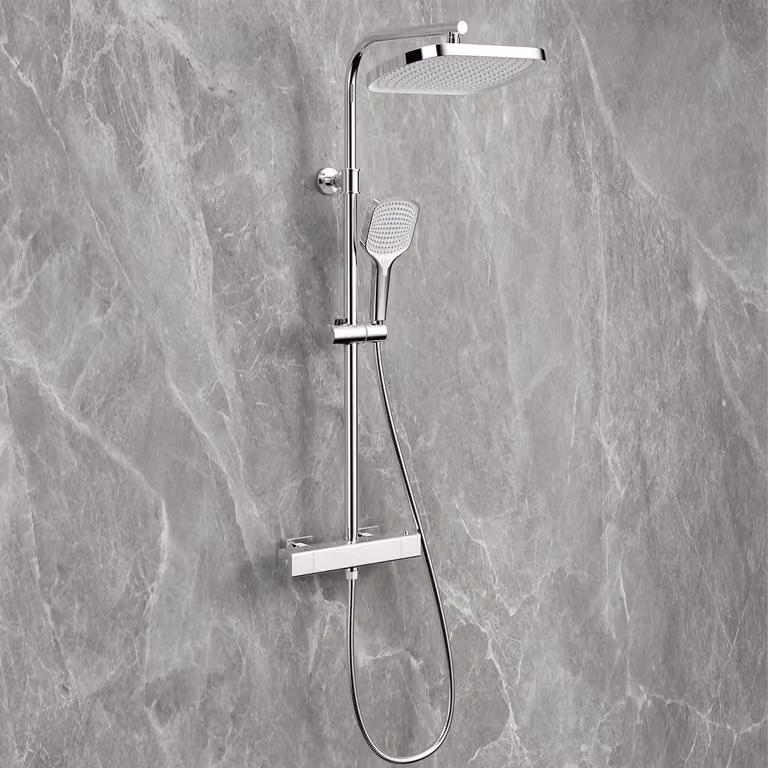 Set completo per sistema doccia termostatico, cromato, con doccia a pioggia da 32 cm, soffione manuale con 3 getti, e altezza regolabile da 79 a 128 cm