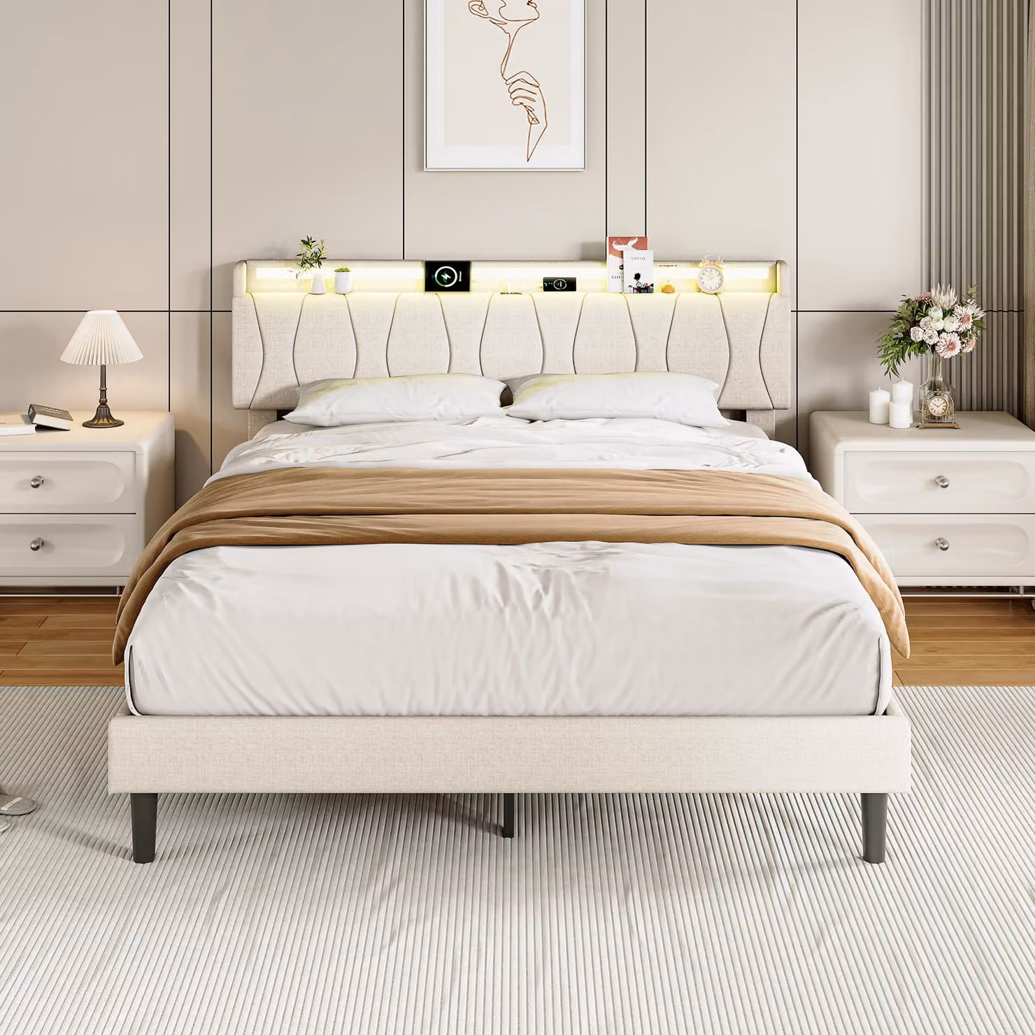 Letto imbottito REMZETTA, 160x200 cm, matrimoniale, con LED RGB, controllo tramite app, porte USB-C e 2 porte USB, rete a doghe, colore beige, senza materasso