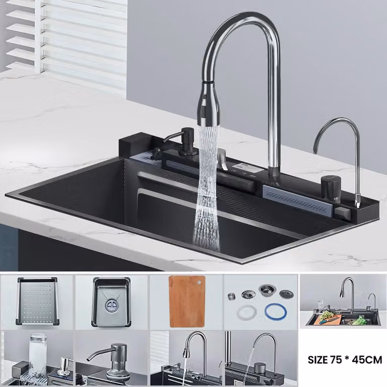 Lavello da cucina - Lavello a cascata multifunzionale - Smart - Display digitale integrato - Vasca singola di grandi dimensioni - PVC - Nero
