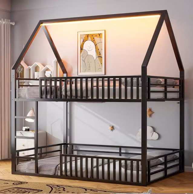 Letto a soppalco ULEVR 140x200 cm a forma di casa con barriera a recinto e LED a 7 colori, nero