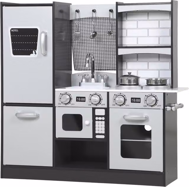Cucina Giocattolo in Legno Minimal con Suoni e Accessori in Acciaio Inox, Marrone Scuro e Grigio, L/P/H: 79,7 x 27,0 x 81,0 cm