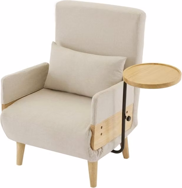 Sedia trasformabile 3-in-1 con funzione letto, vassoio in legno girevole, rivestimento in tessuto effetto lino, dimensioni 88x74,5x66 cm