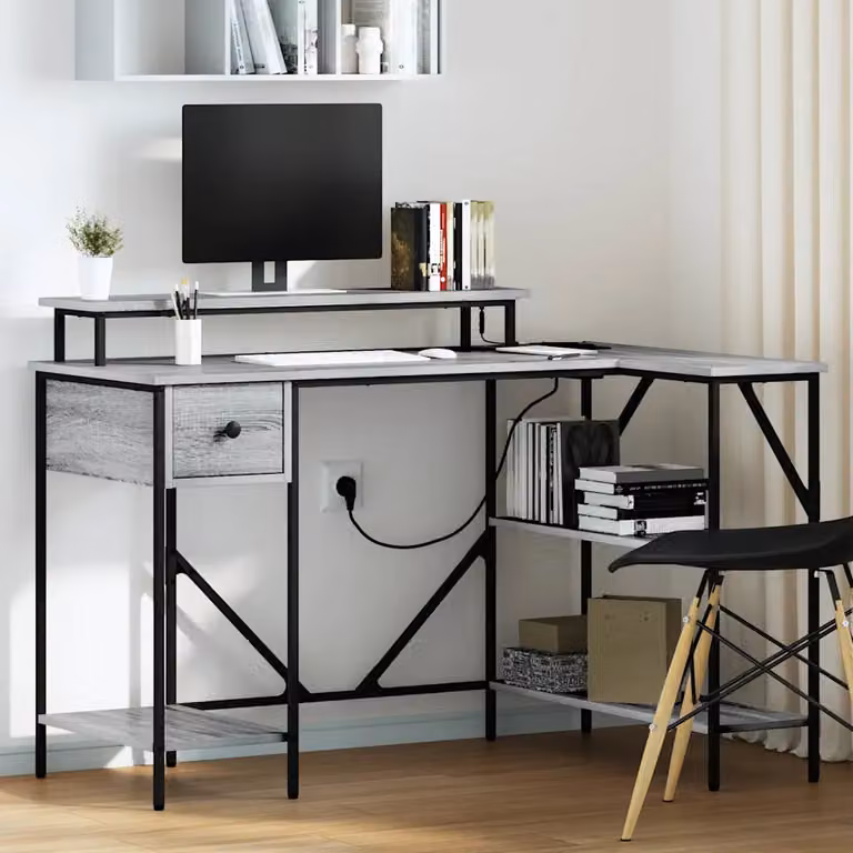 Scrivania da ufficio moderna vidaXL in legno e metallo, Grigio e Multicolore, L: 120 cm, P: 79 cm, H: 86,5 cm