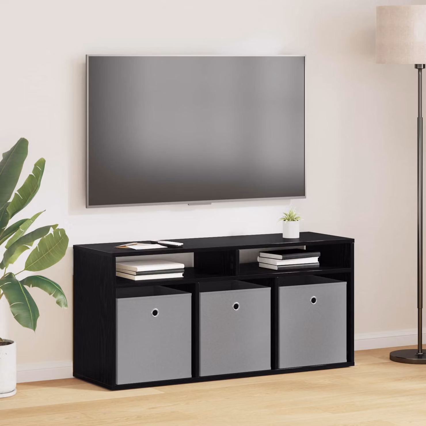 Lowboard moderno vidaXL con cassetto in rovere e nero, L 102 cm x P 32 cm x H 48,5 cm