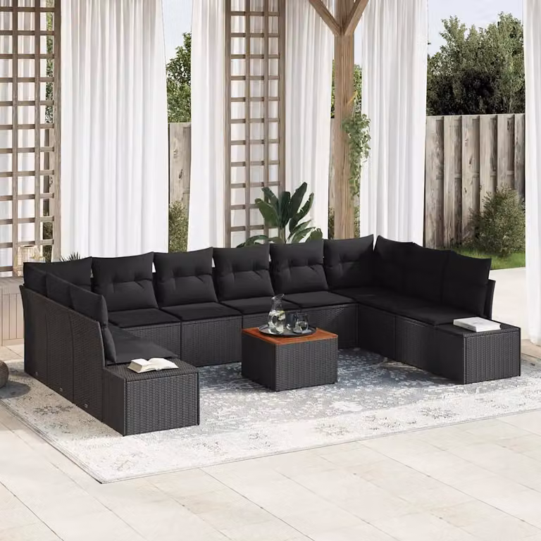 Set Divano da Giardino vidaXL 11 Pezzi a Forma di U in Polyrattan Nero con Cuscini e Tavolino da Esterno