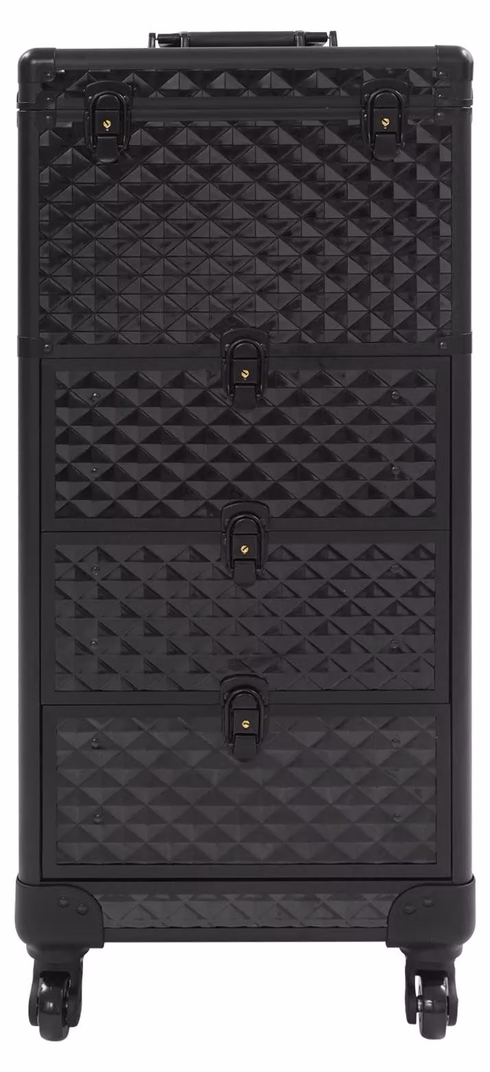 Salontrolley - Valigetta da trucco su ruote con cassetti - 3 livelli - 34x27x107 cm - Alluminio/MDF - Nero