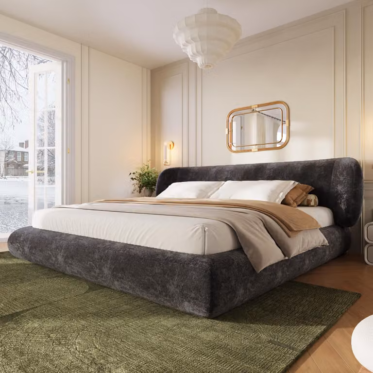 Letto imbottito STILVORA, 140 x 190 cm, con rete a listelli e testiera, letto per ragazzi con angoli arrotondati e rivestimento in chenille, letto matrimoniale con struttura in legno